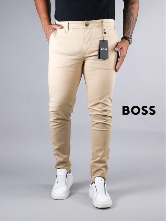 Calça Boss de Sarja Chino Stretch Slim Fit - Areia
